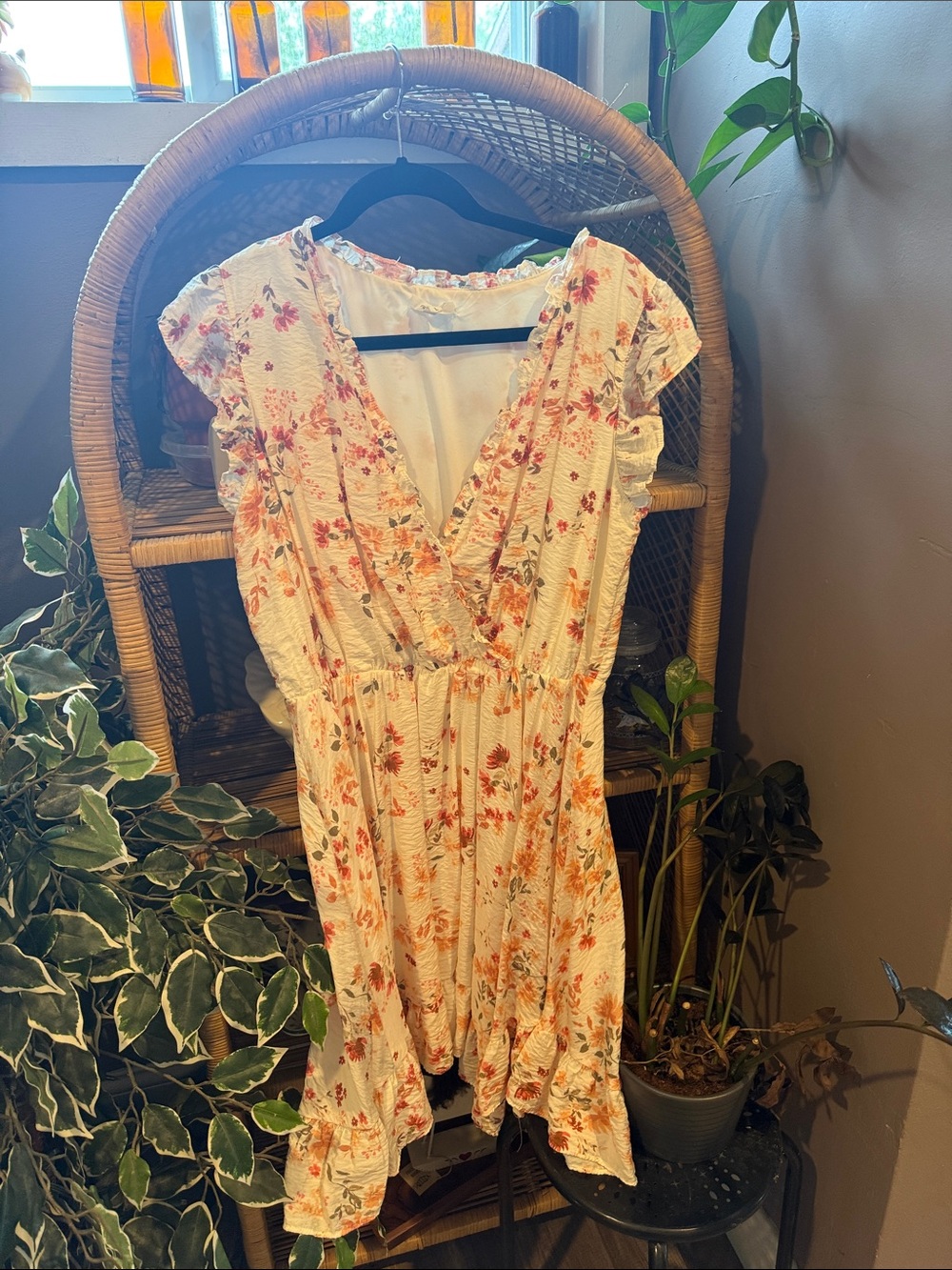 Cream Floral Wrap Mini Dress with Orange Accents